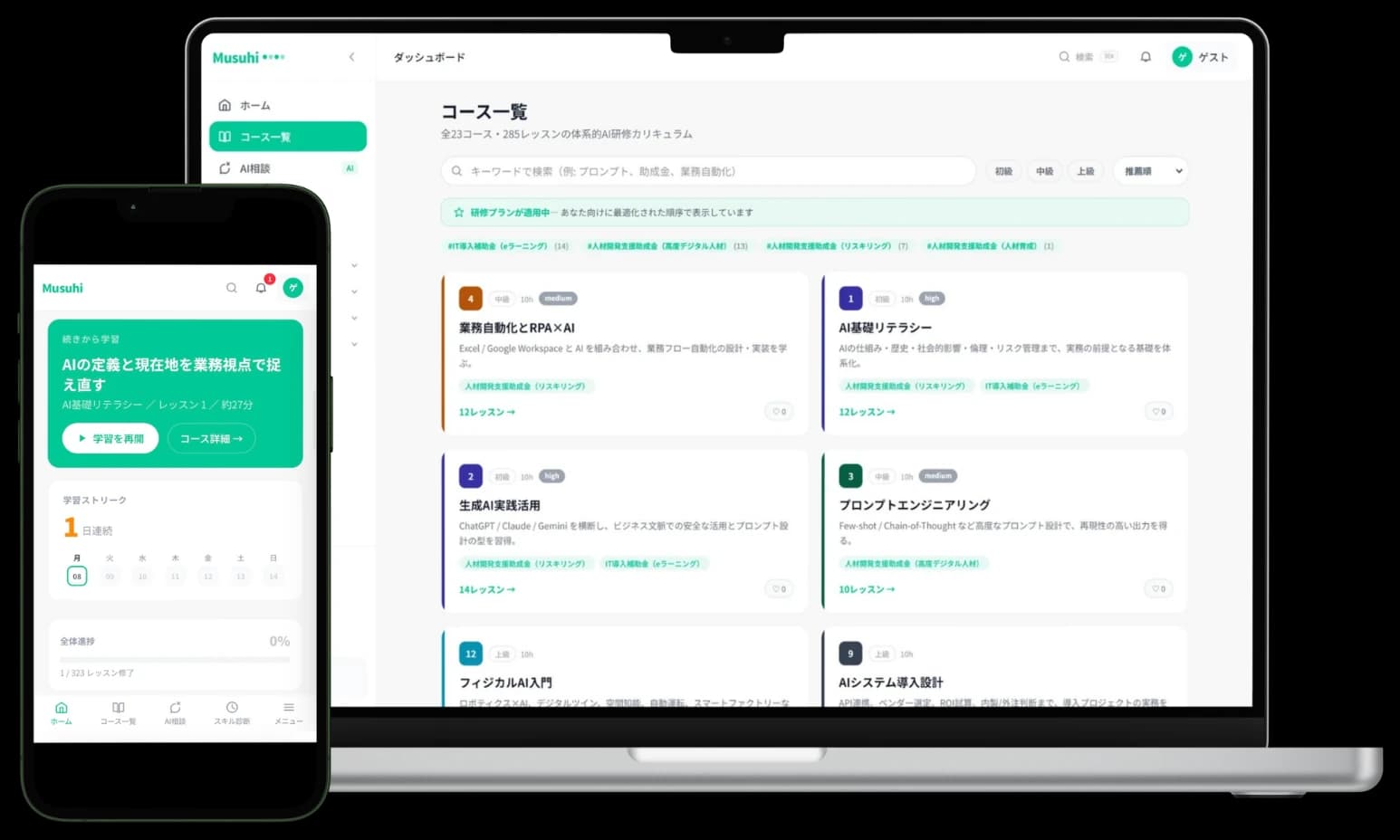 Musuhi の管理ダッシュボードをPCとスマホで表示